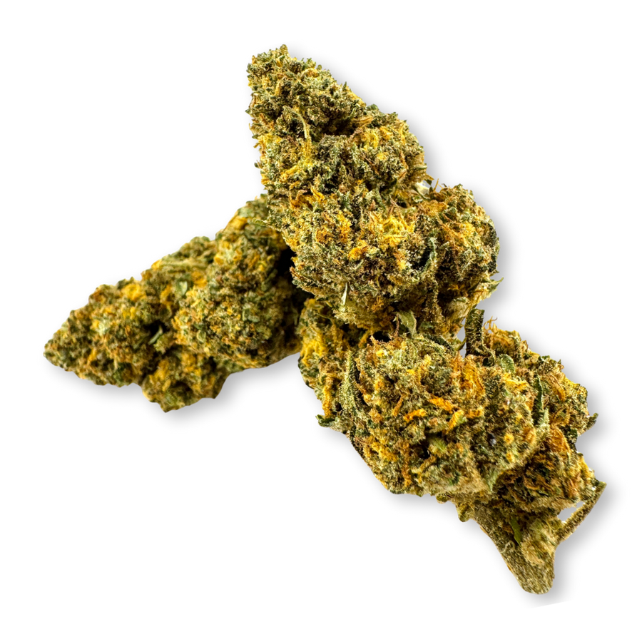 Eine Nahaufnahme der kristallinen Struktur der Strawberry Haze CBD-Blüten.