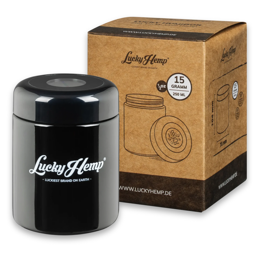 LuckyCure Humidor Glas mit Thermo-Hygrometer Zubehör Lucky Hemp 250ml