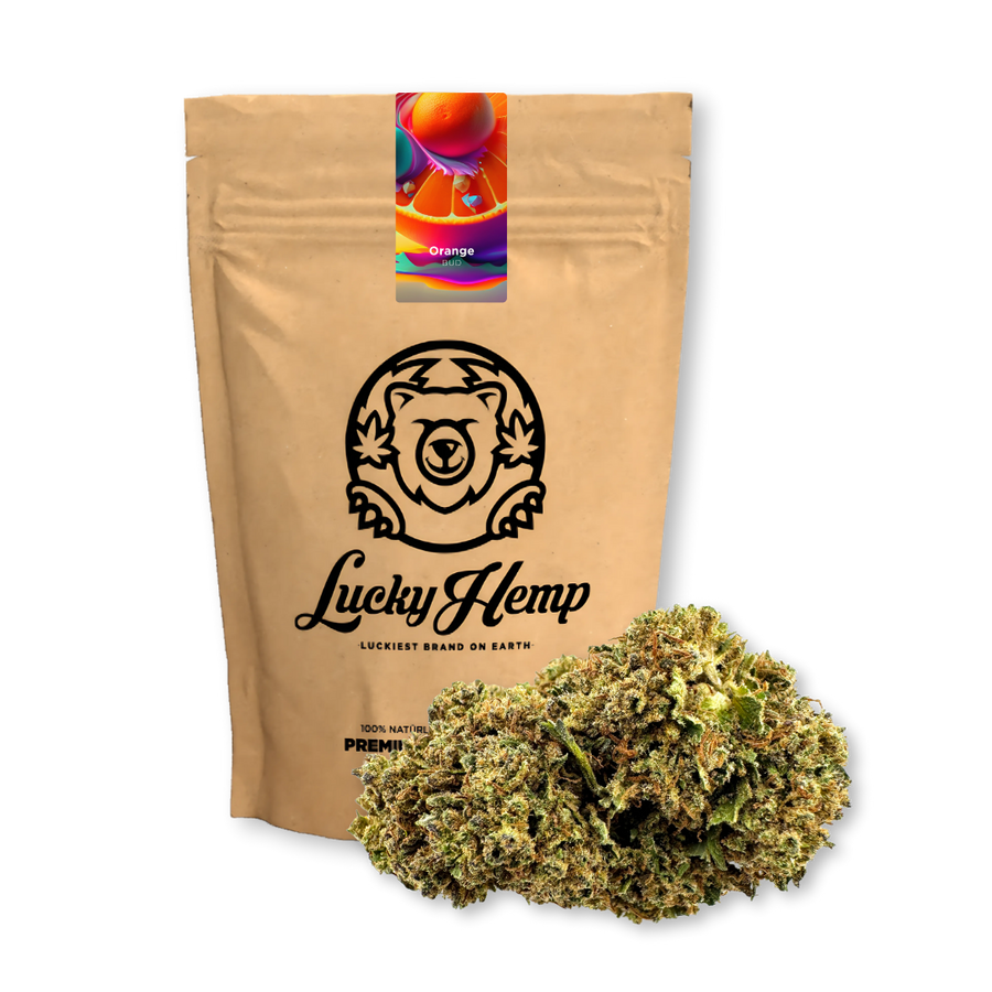 Der Orange Bud Ökopack von Lucky Hemp, der für sein Zitrusaroma bekannt ist.